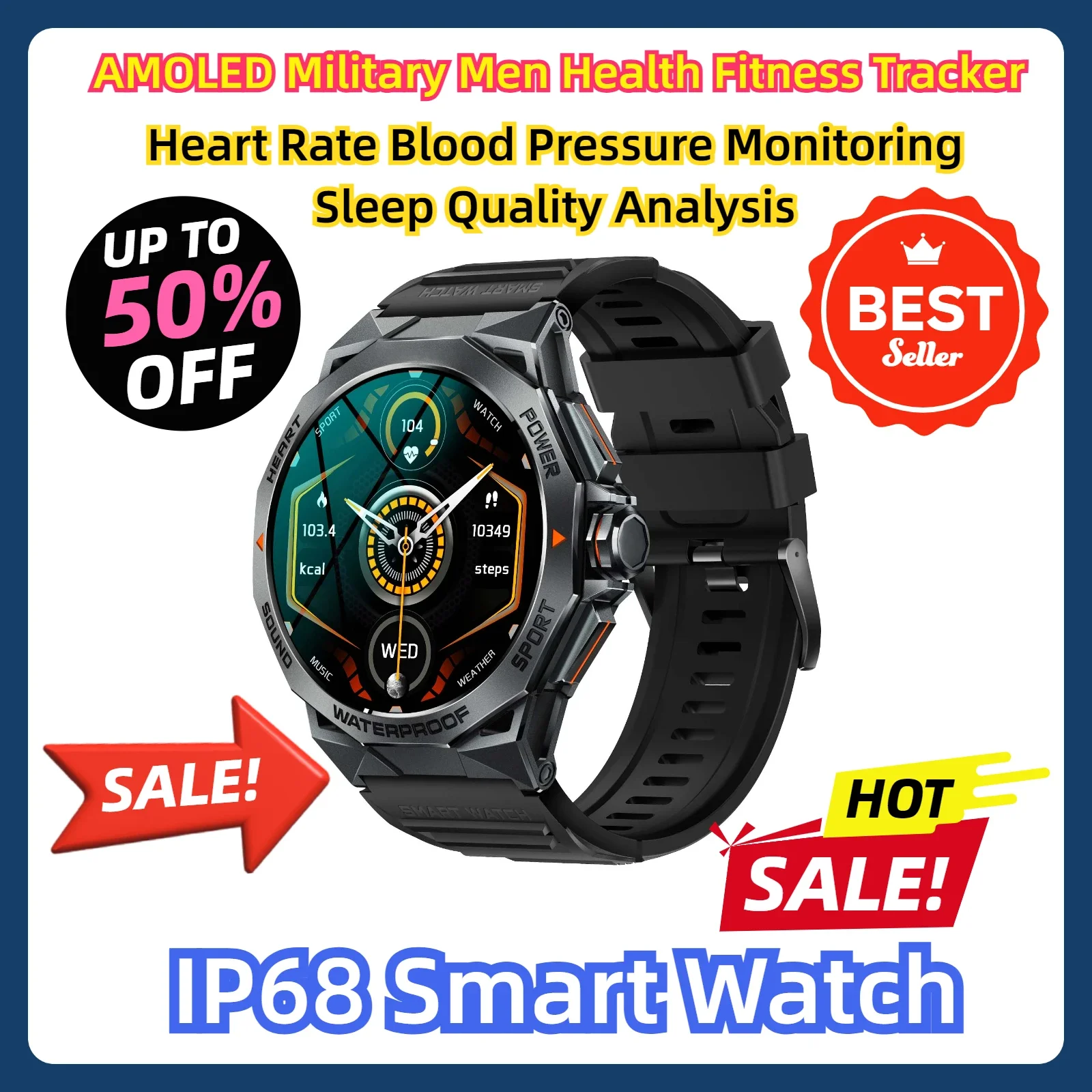 

AMOLED Military Men Health Fitness Tracker Heart Rate Blood Pressure Monitoring Sleep Quality Analysis IP68 Smart Watch