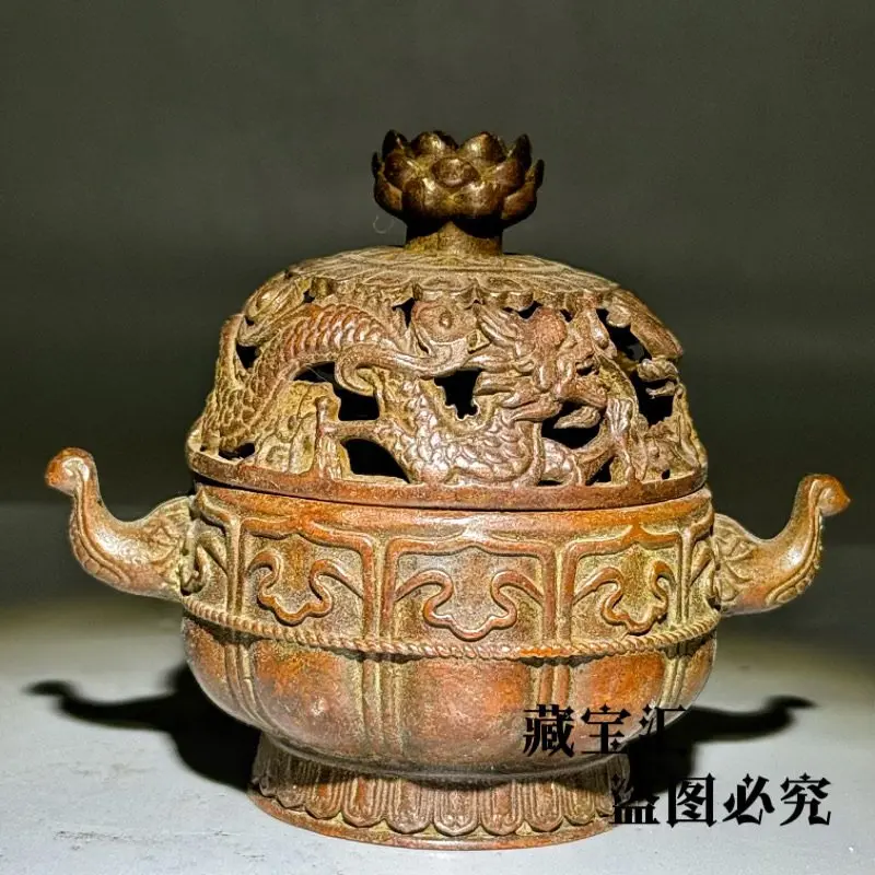 Old Collection Qianlong Period Openwork Double Dragon Lotus Incense Burner Elephant Ear Lucky Copper Censer Cornucopia Sculpture
