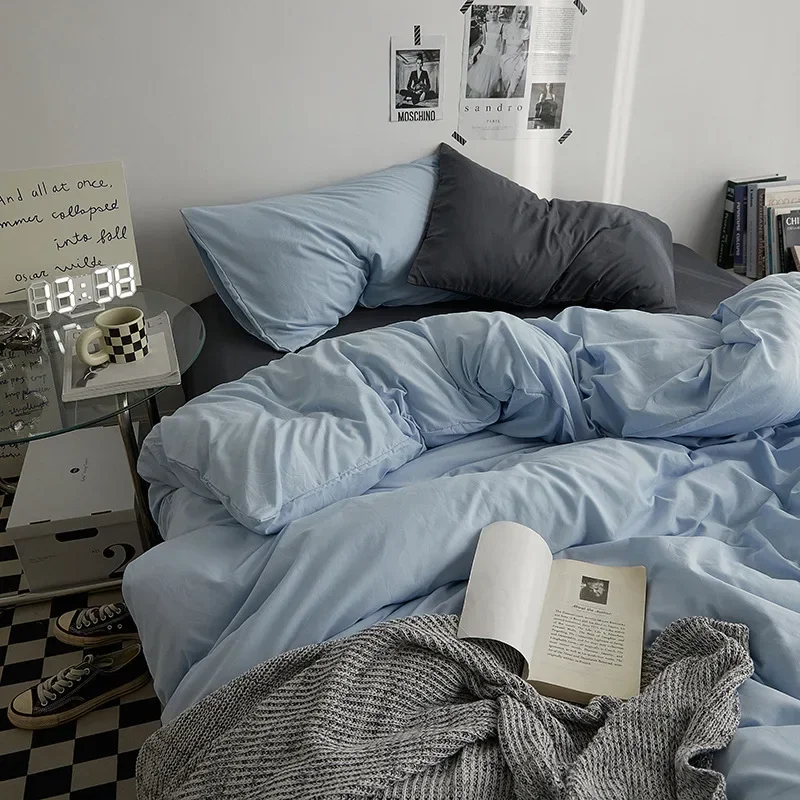 

Simple Double-Sided Color Blocked Bed Sheet Set Solid Color Skin Friendly Duvet Cover Set 4-Piece Set Premium Cotton Fabric Bed
