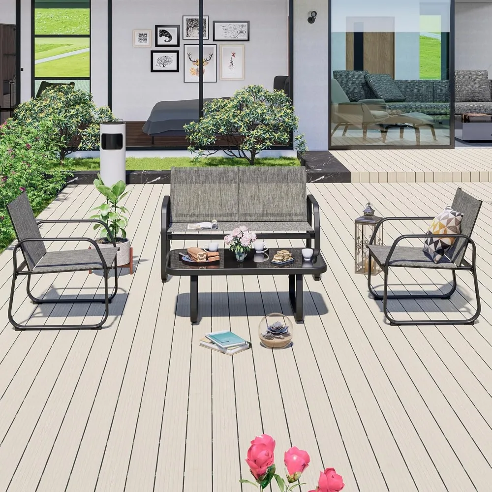 

4 Pieces Patio Furniture Set, All-Weather Outdoor Conversation Sets for Backyad, Lawn, Garden, Poolside with Tempered Glass Coff