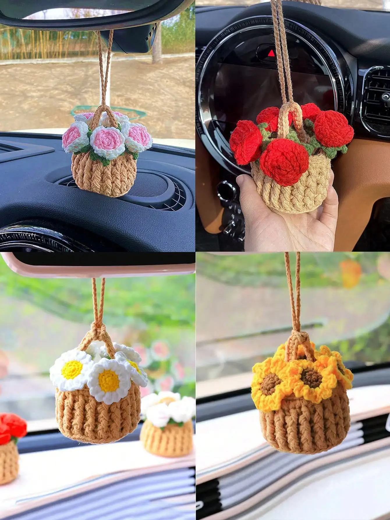 1 Stück gewebte Auto-Blume, niedlicher handgehäkelter Blumenkorb, Auto-Hängeornament, gewebte Garn-Auto-Dekoration, Büro-Desktop-Mini