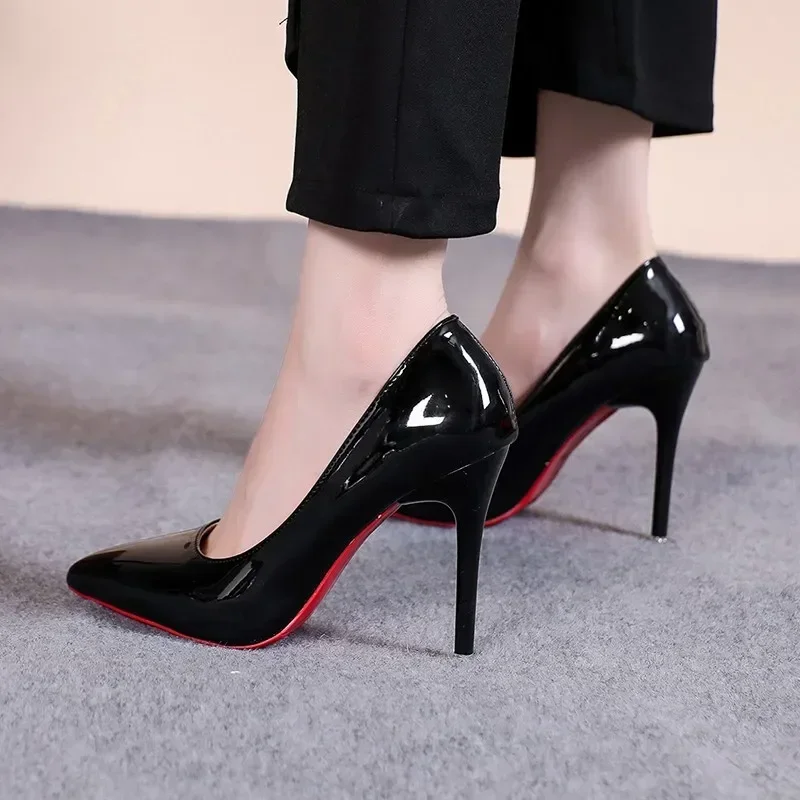 

Black Stiletto Heels Pumps Women Patent Leather Office Shoes Woman Plus Size 43 Pointed Toe High Heels Shoes Zapatos Mujer