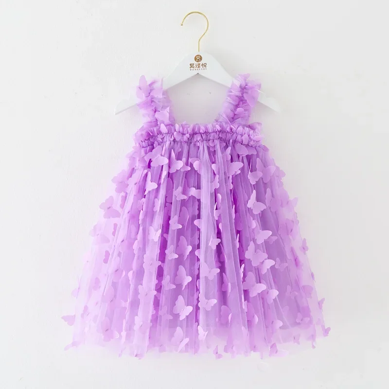 Toddler Baby Butterfly Sleeveless Dress Summer Princess Dress Kid Mesh Lace Sweet Dress Pink Little Girl Children Clothes