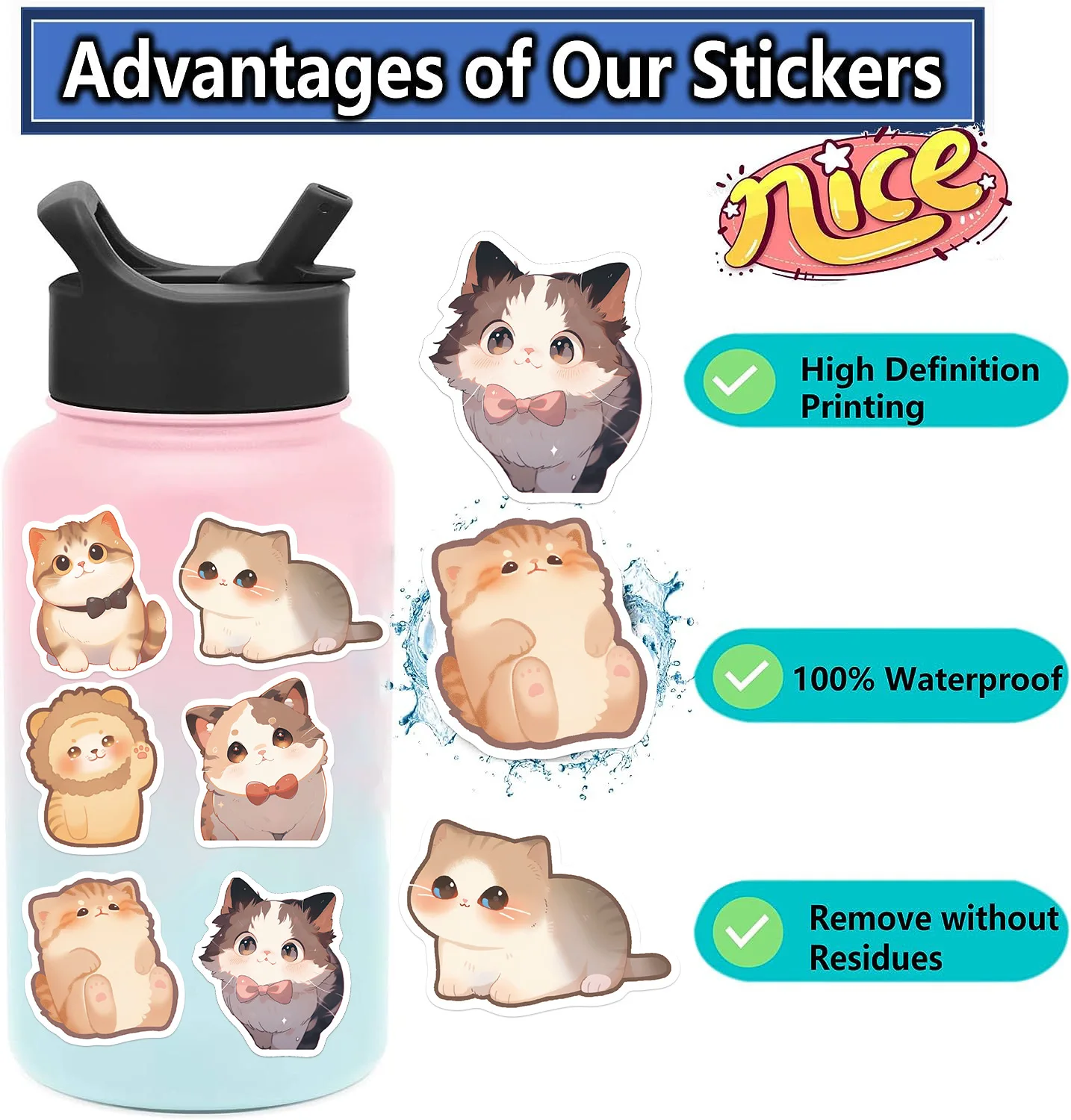 50PCS Kawaii Cat Stickers PVC Cartoon Cute Decals Toy Stationery Guitar Aesthetic Decorations School Supplies For Children