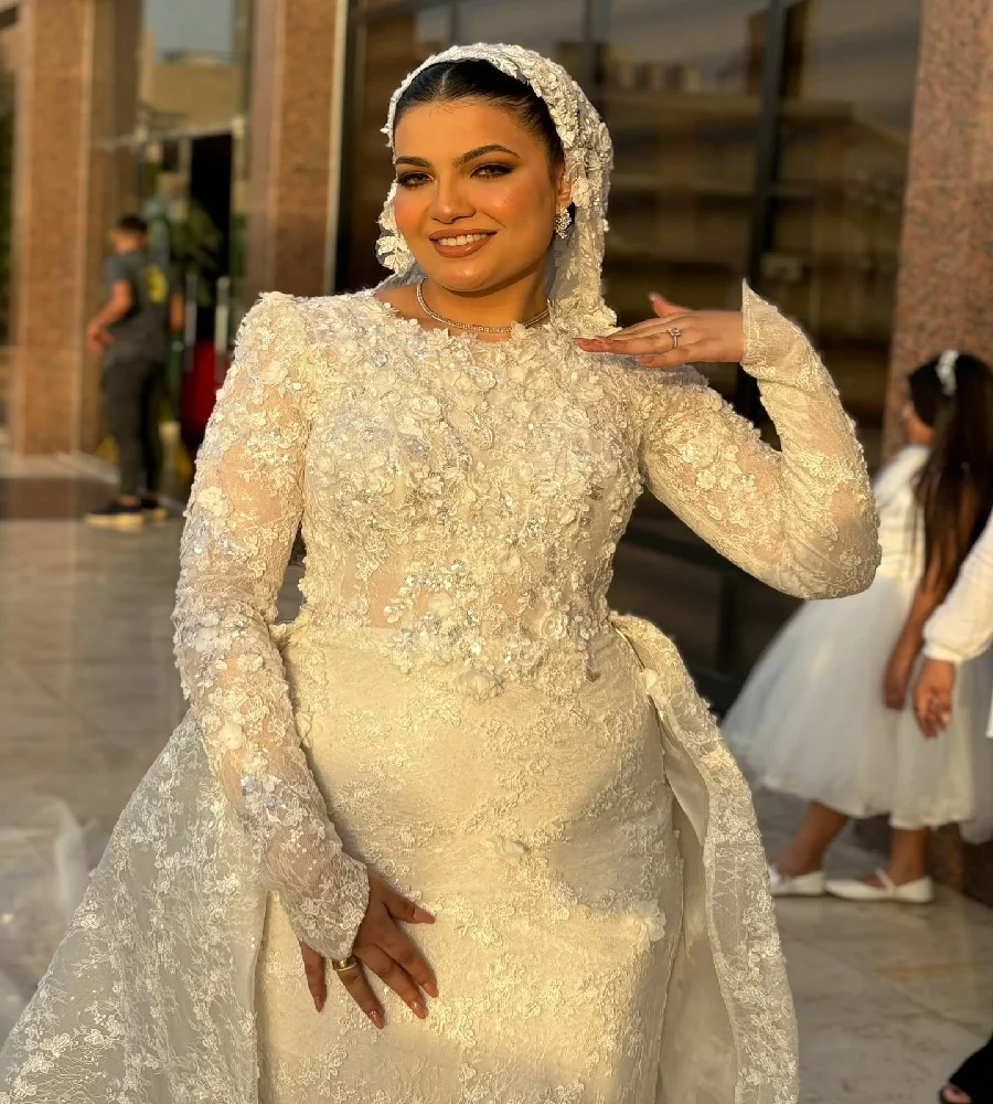 Vestido de novia de sirena árabe de lujo con tren extraíble elegante 2 en 1 vestido de novia de encaje de talla grande novia musulmana de Dubái personalizado