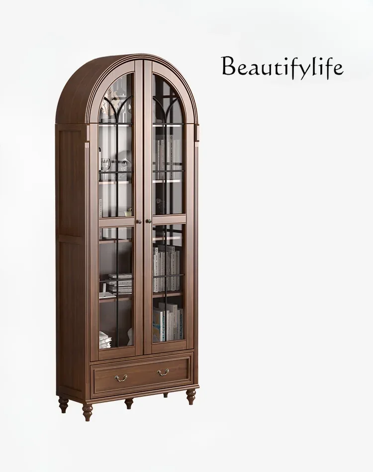 

American-Style Solid Wood Bookcase Arch with Glass Door Storage Bookshelf and Storage Shelf Retro Style Display Cabinet