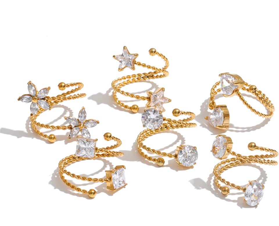 Yhpup Edelstahl Verstellbarer Manschettenring Sterne Blume Herz Zirkonia Mehrschichtig Modischer Goldener Fingerschmuck Geschenk – Detail 2
