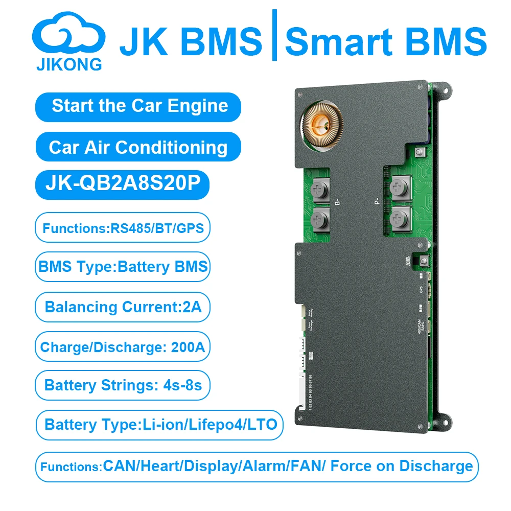 

JK BMS QB2A8S20P Smart BMS RS485 BT Heat CAN GPS Force on Discharge 3S~8S 2A Active Balance BMS for Li-Ion LiFePo4 LTO Battery