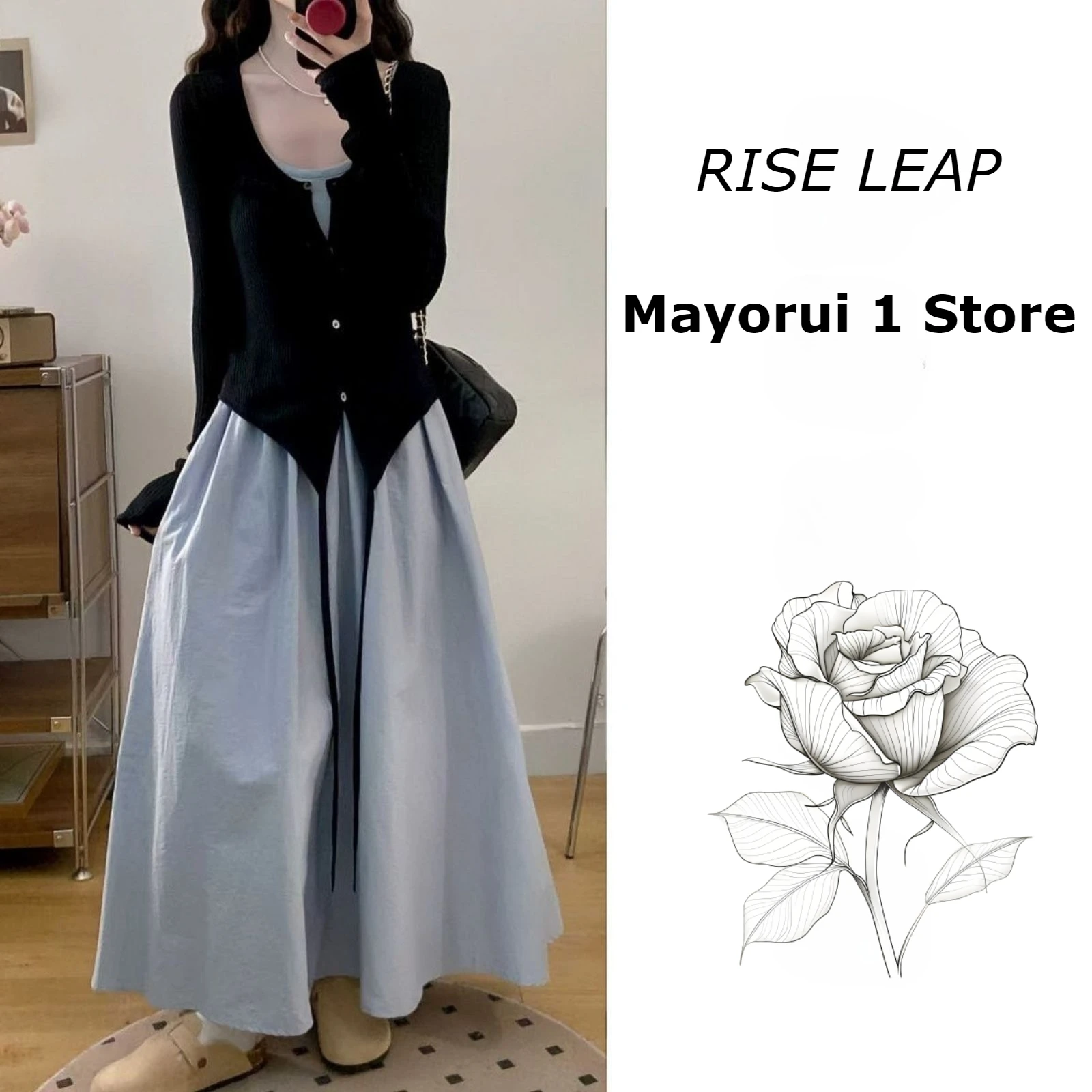 

Women's Blue French Chic 2-Piece Set Long Sleeve Cardigan & Sleeveless Maxi Dress Spring A-Line Slimming Stylish Camisole Dress