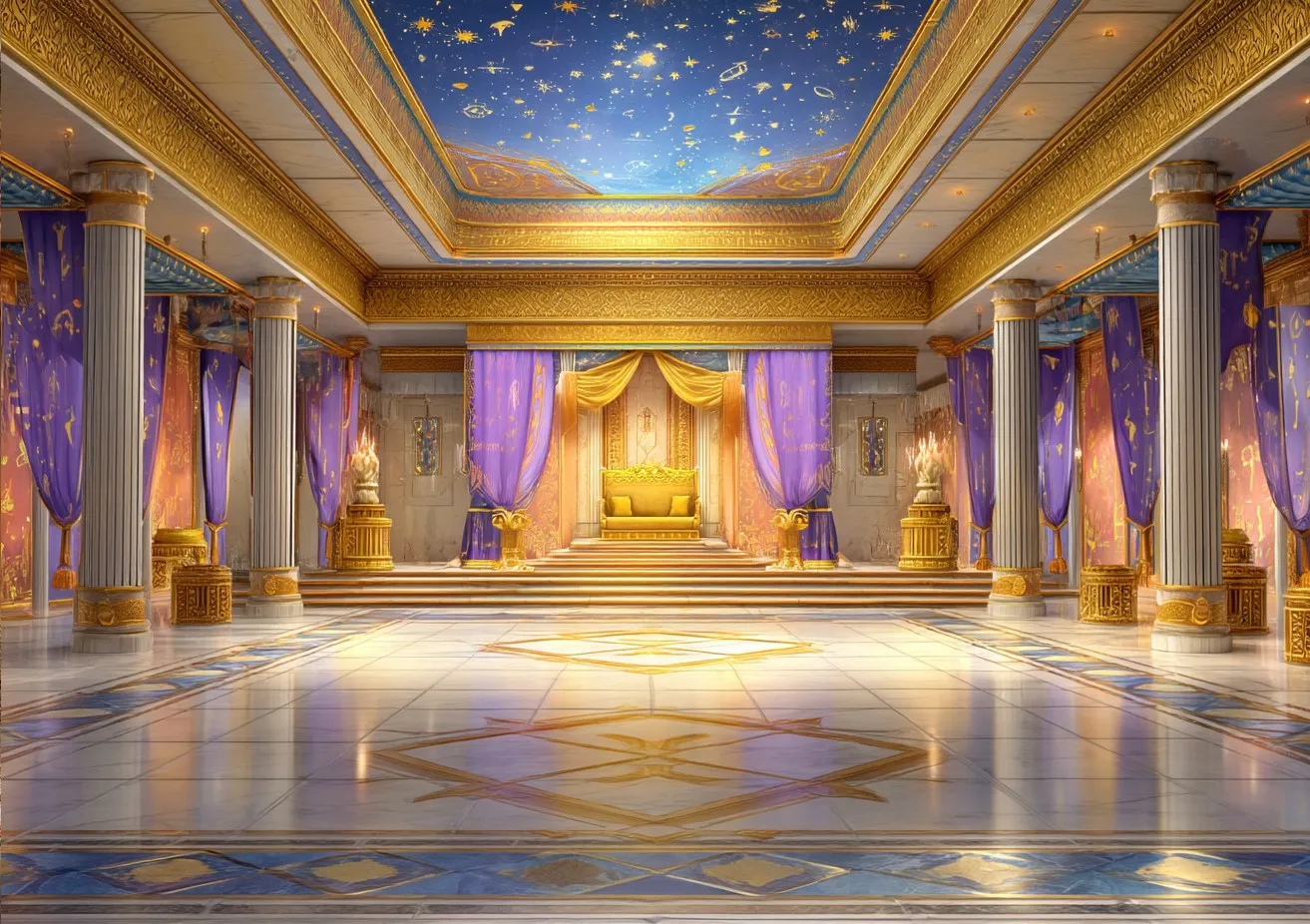 

Фон для фотостудии: Фиолетовый Египетский дворец, Золотой трон, Звездное небо, Потолочные занавески, Королевские фоновые панно