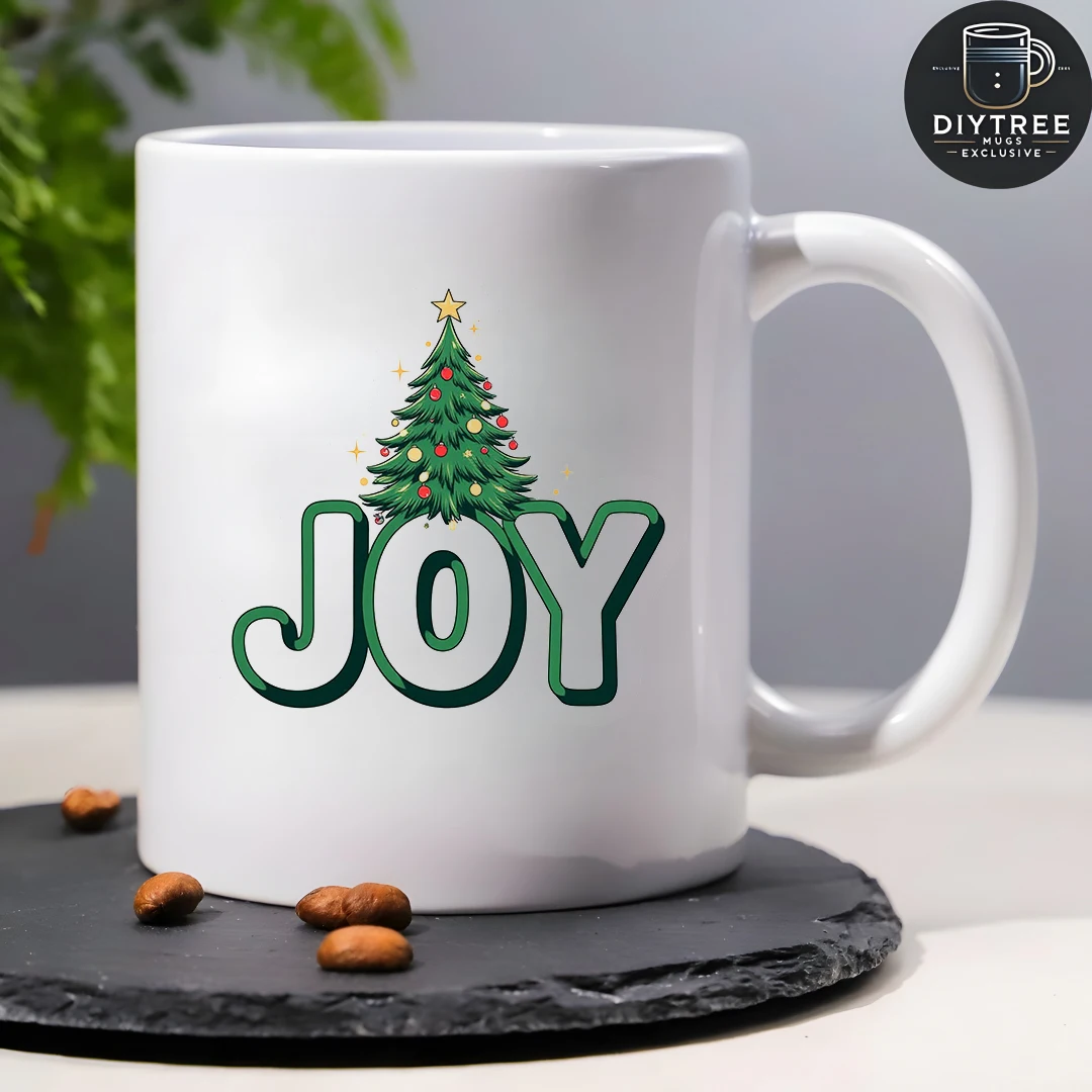 11オンスカップ + 漫画のクリスマスツリー柄 + フェスティブジョイロゴ クリスマスギフト キッズウォーターカップ ファミリーオフィスコーヒーカップ