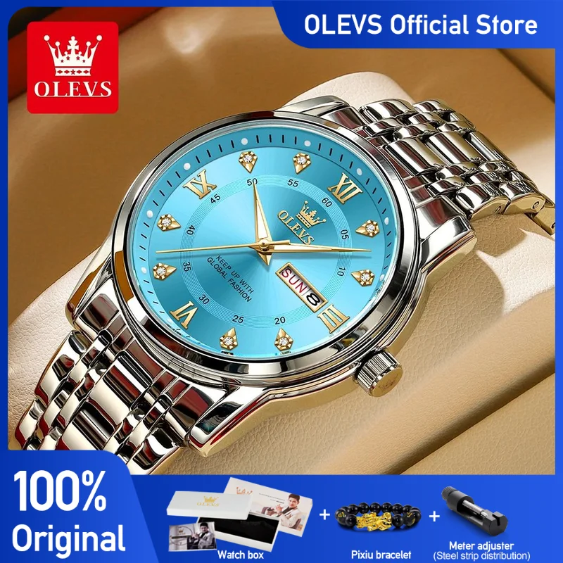 OLEVS 5513 Men\'s Watches Original Quartz Waterproof Luminous Watch for Man Stainless Steel Dual Calendar Display Relogios Mascul