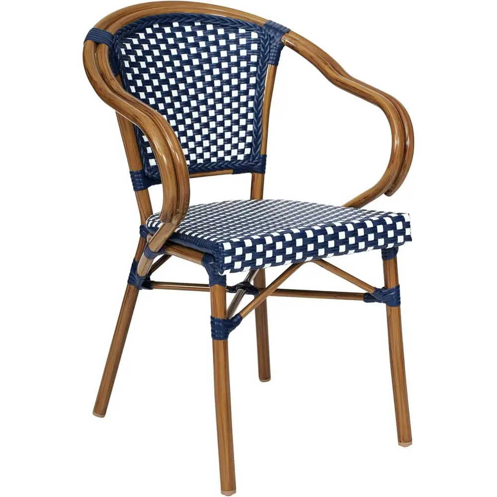 

Коммерческий стул-бистро Bordeaux для использования в помещении и на улице - с изогнутыми подлокотниками - сиденье и спинка из ротанга PE (сине-белые) - с принтом под натуральный бамбук