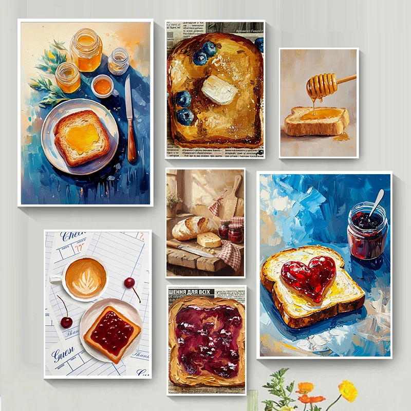 Delicioso desayuno, pan de bayas, comida, póster artístico, impresión en lienzo, cómoda cocina, Villa, sala de estar, dormitorio, decoración del hogar