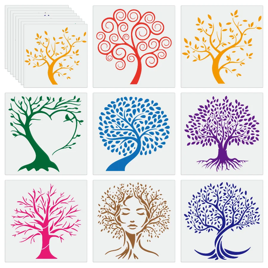 Woo0d 바닥 벽 직물 등에 그림 및 스프레이를 위한 8팩 8x8인치 숲 자연 꽃무늬 속이 빈 스텐실