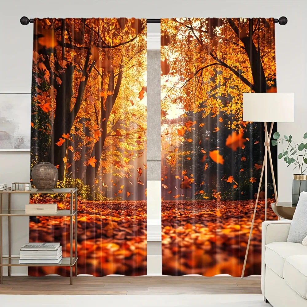 2pcs Autumn Forest Curtains Falling Leaves Sunlight Print Drape Living Room Bedroom Window Treatment Cozy Seasonal Home Decor