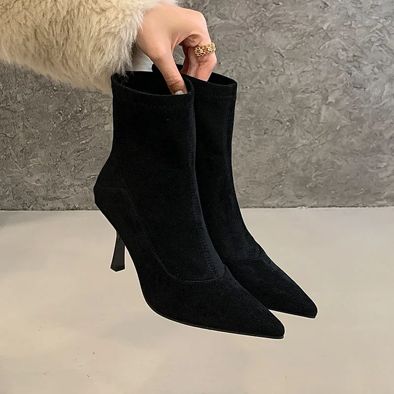 

Pointed Toe Fashion Flock Women Ankle Boots With Thin Heels Shoes Ladies Short Booties Slip On Shoes New In 2026 Autumn Winter