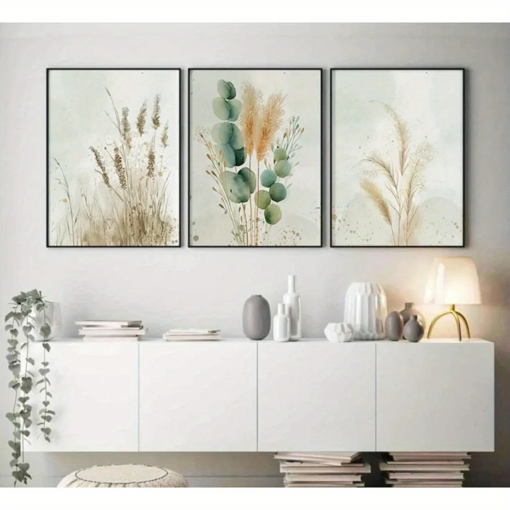 3pcs frameless Canvas Painting 3pcs Frameless Poster,Wildflower Wall Art,Digital Download,Bohemian Room Decor,Watercolor Pampas