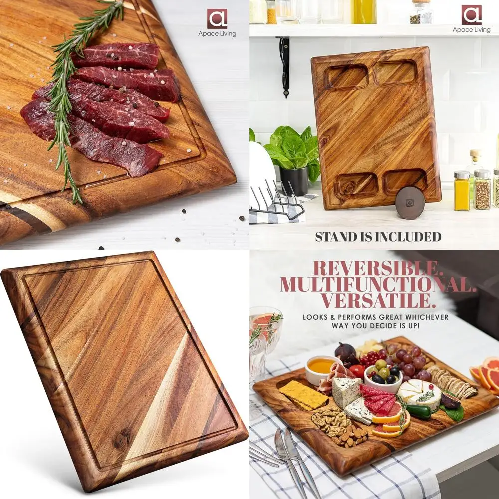 

Large Acacia Wood Chopping Board with Stand, Sustainable, Juice Groove, 4-Compartment Serving, 17x13x1.5