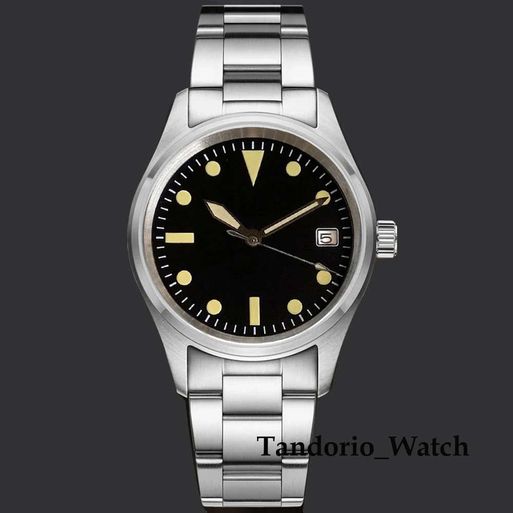 Tandorio 36 mm 20ATM Saphirglas-Taucher-Piloten-Herrenuhr für japanisches NH35 PT5000 Automatikwerk, grün leuchtendes Lederarmband