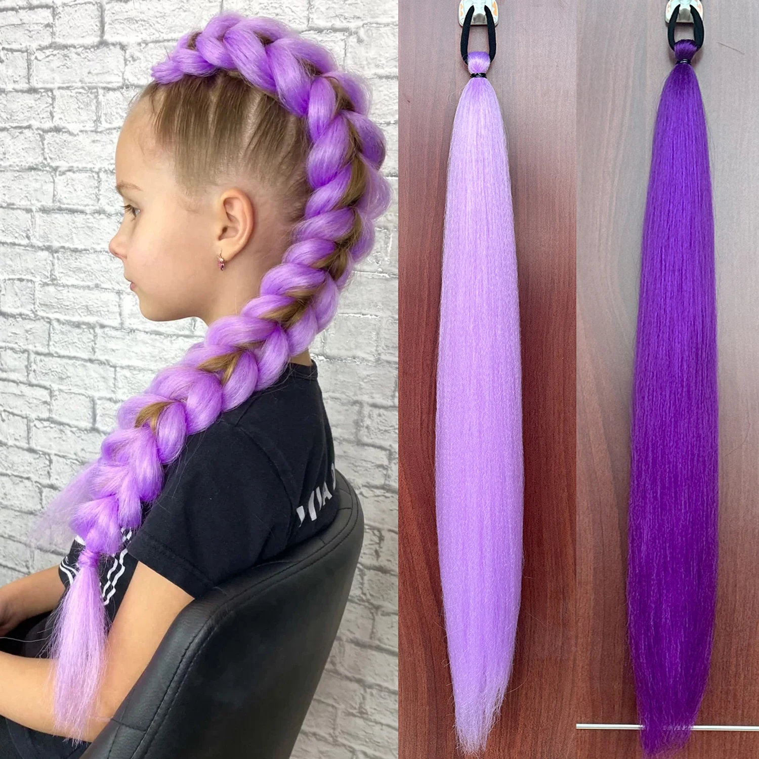 Synthetic 28Inch Long Straight Ponytail Purple DIY Braided Ponytail with Rubber Band Halloween Hair Accessories for Woman