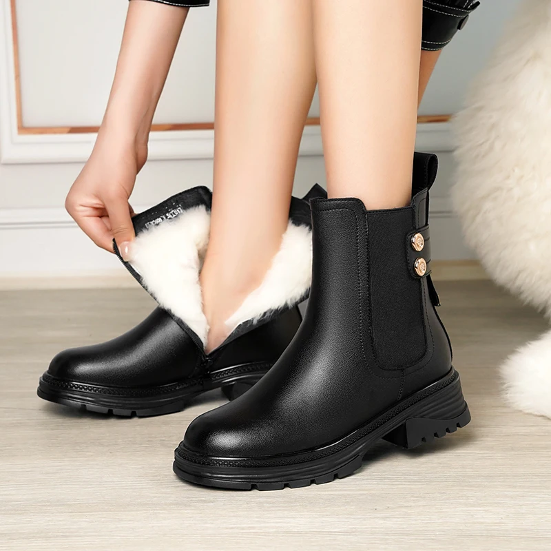 AIYUQI Women Winter Boots 2024 New Genuine Leather Women Motorcycle Boots British Style Large Size Wool Warm Women\'s Ankle Boots