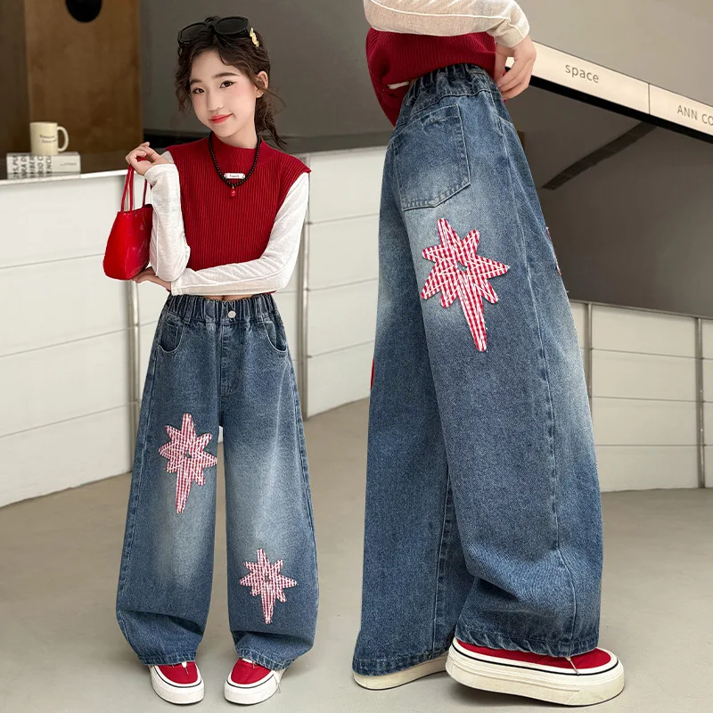 

Girls Embroidered Patch Jeans Spring Autumn New Straight Long Loose Curved Knife Denim Pants Trendy Kids Fashion Trousers