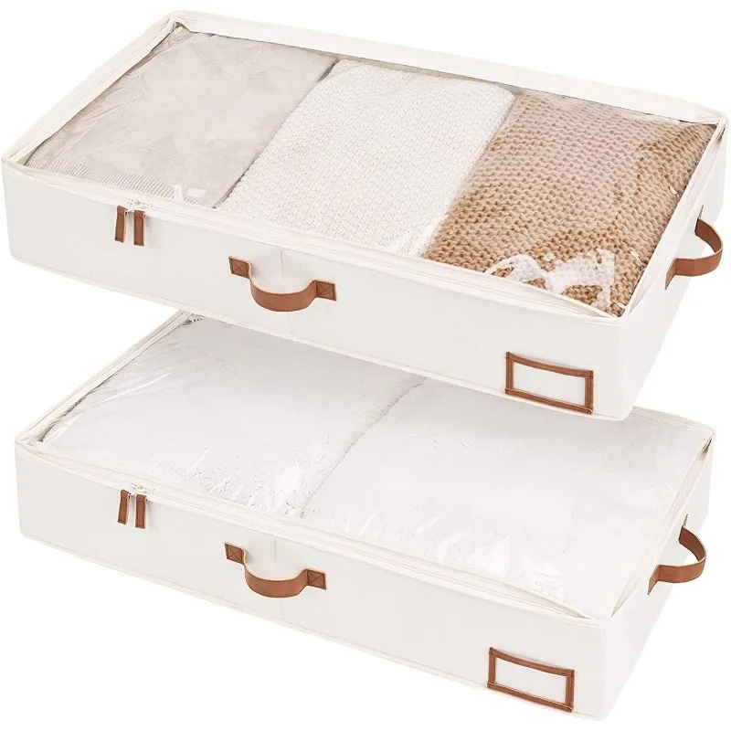 

Underbed Storage Box, Under Bed Clothes Organizer With Sturdy Structure and Ultra Thick Fabric, Ivory White, Large,