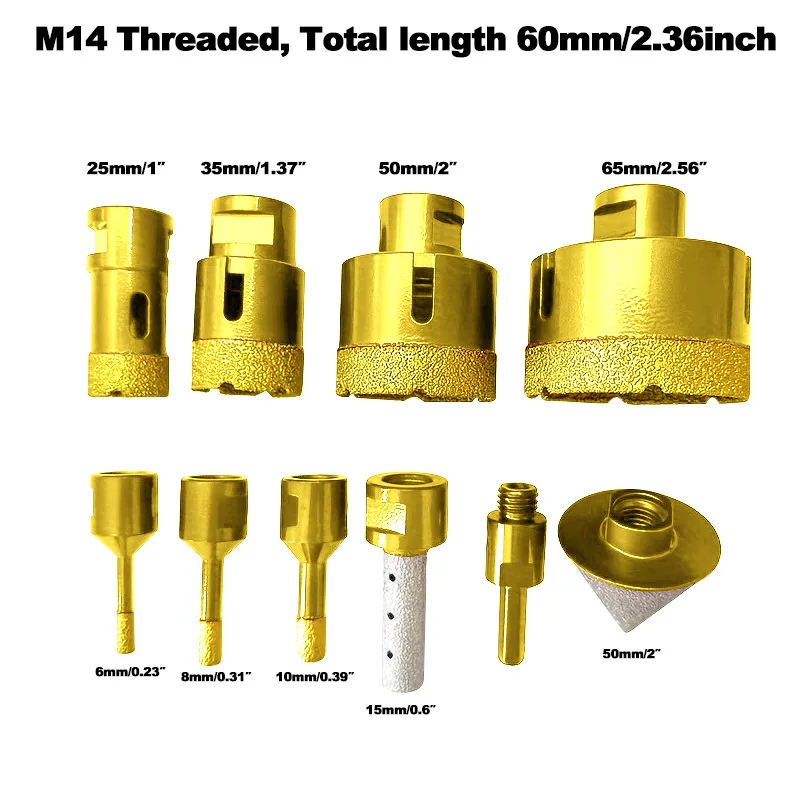 10Pcs M14 Threaded Diamond Tile Drill Bit Set Hole Saw for Tile Marble Drilling 6-65mm Size Suitable for Various Drilling Needs