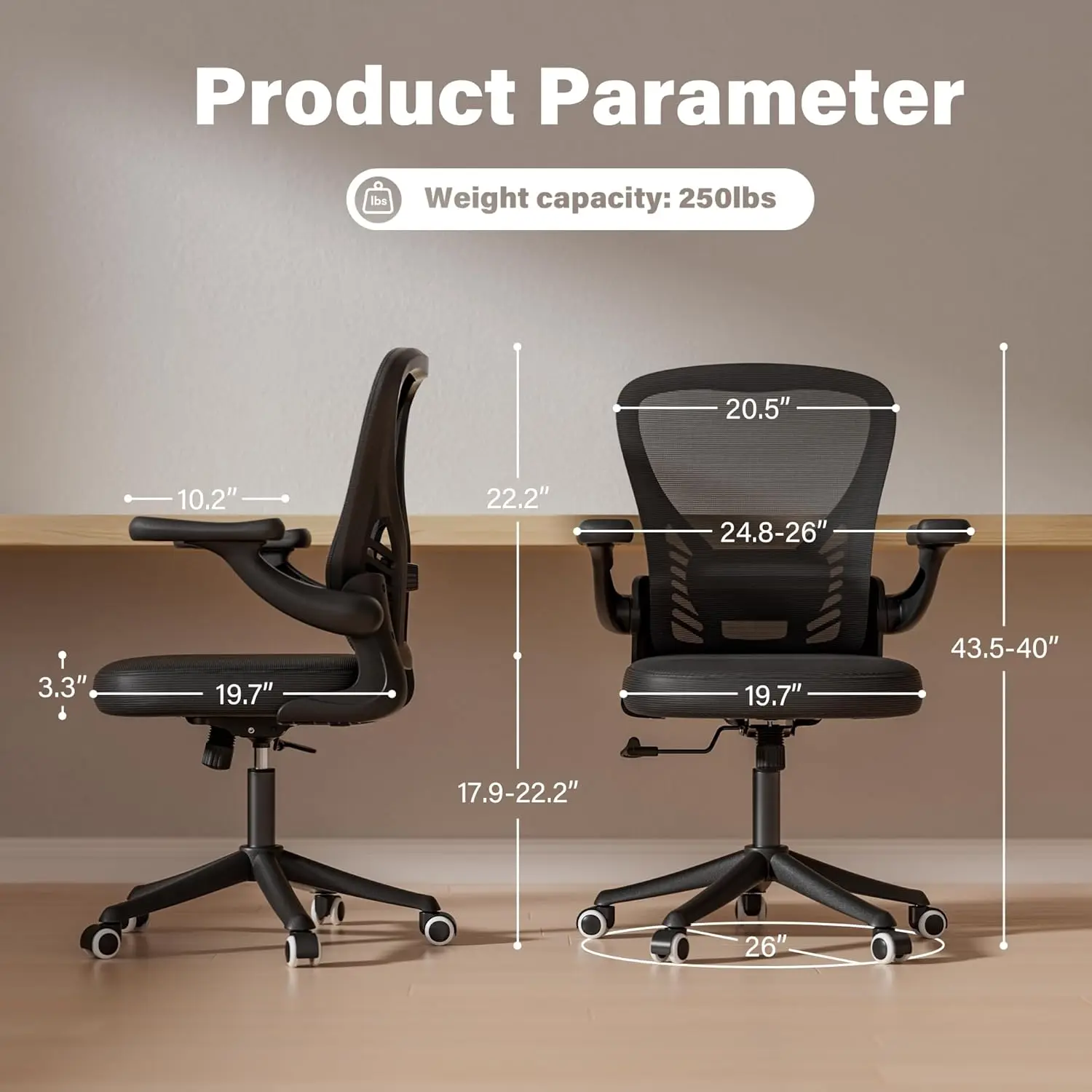 Ergonomic Mesh Office Chair Black Adjustable Lumbar Support 3D Flip-up Arms Wheels Rocking Function for Comfortable Office