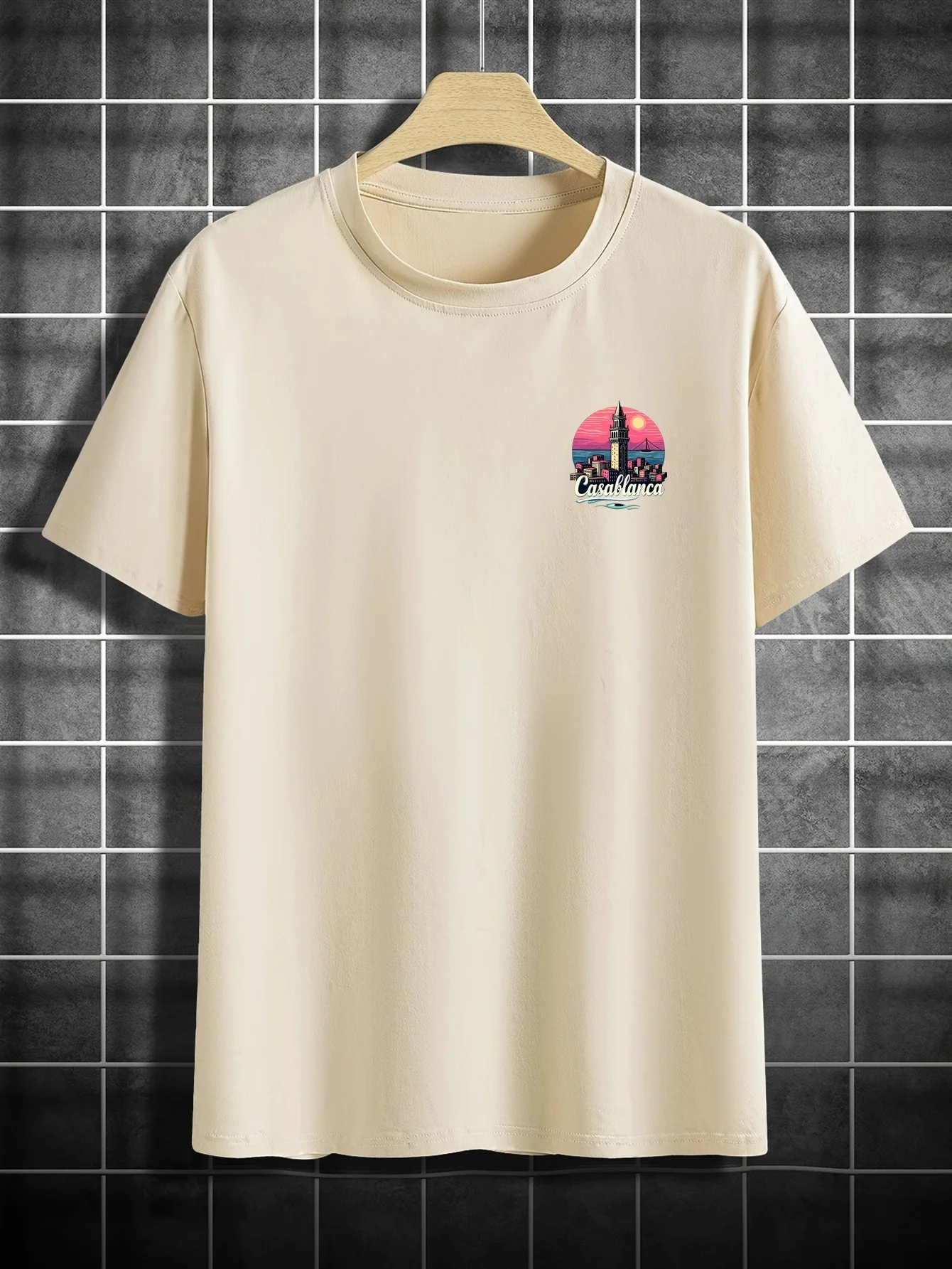 تي شيرت رجالي مطبوع عليه مدينة ريترو المغرب - تي شيرت صيفي كاجوال مع قمر هلال وتصميم المناظر الطبيعية الحضرية بأكمام قصيرة #5