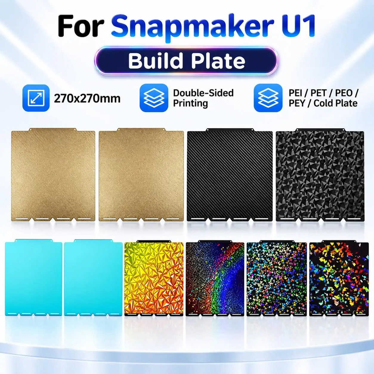 PEI Build Plate for Snapmaker U1 3D Printer 270x270mm Double Sided Spring Steel Sheet PET Cold Plate Removable Printing Platform