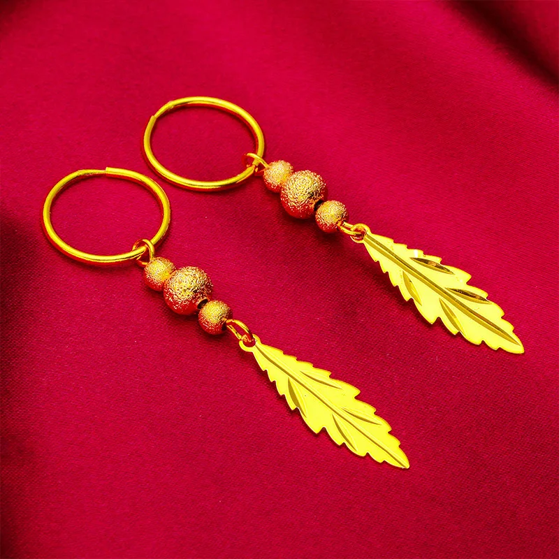 Vietnam Placer Gold Women's Leaf-Shaped Earring Beads Earrings Jewelry Sand Gold Women's Jewelry Leaf-Shaped Earring Women's