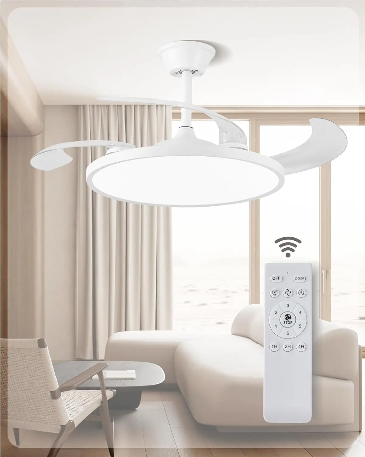 

42-дюймовый выдвижной потолочный вентилятор с подсветкой и пультом дистанционного управления, заподлицо, реверсивный постоянный ток, 3CCT, низкий уровень шума, белый — для спальни/гостиной