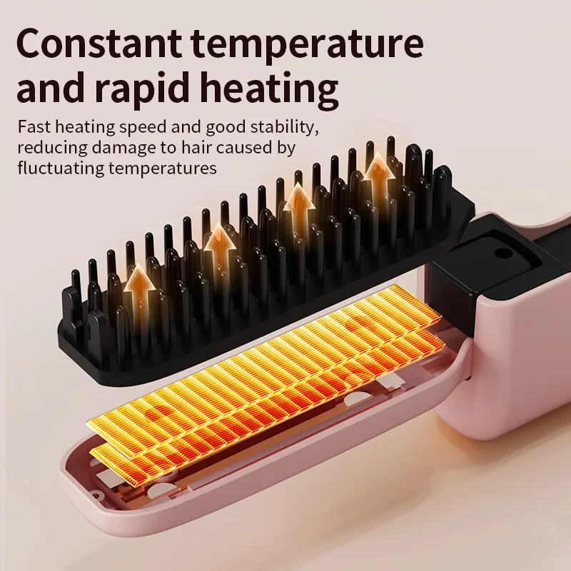 Portable Cordless Hair Straightening Brush Ionic Hot Comb Adjustable Temperature LED Display USB Rechargeable Folding Design