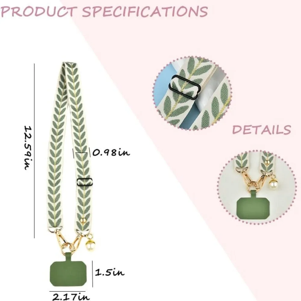 Universal Crossbody Phone Lanyard Adjustable Neck Strap With Tear-Proof Tether Tab Boho Leaf Pattern Cell Phone String Charm