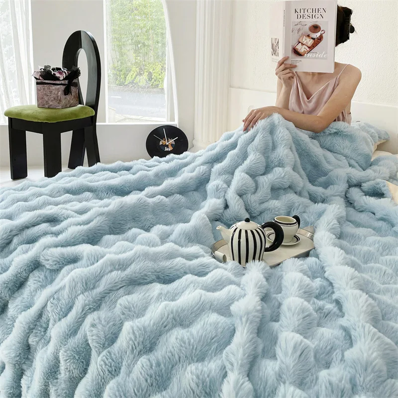 Thick Warm Bubble Velvet Blanket Milk Fleece Style Soft Faux Rabbit Fur Throw Office Nap Sofa Cover Multi Function