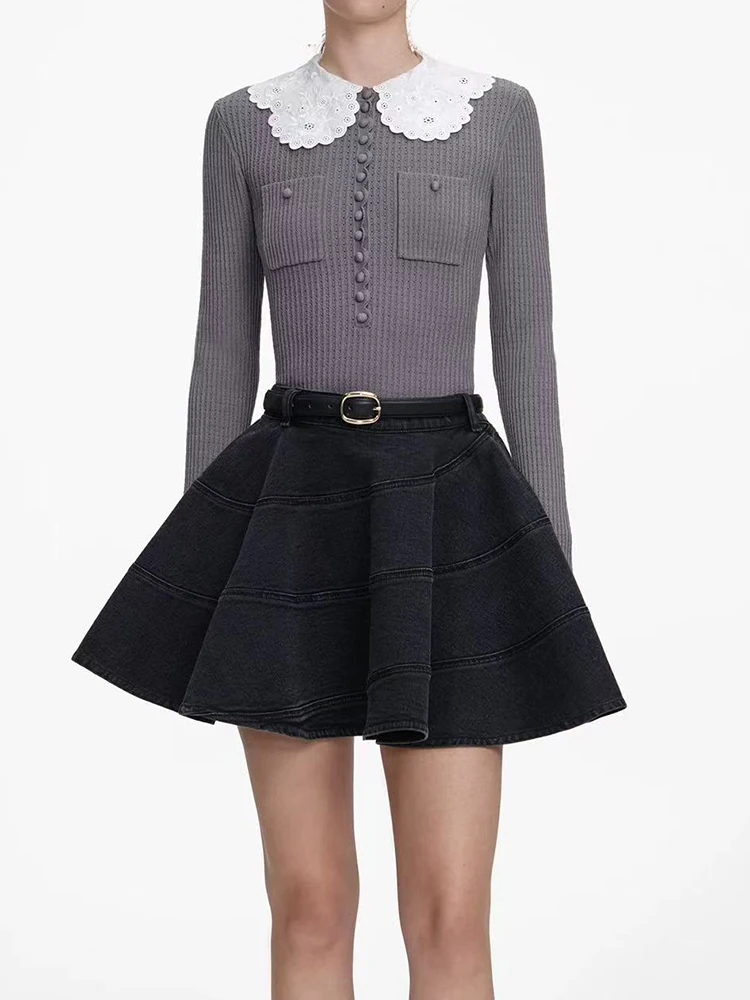 2026 Spring New Chic Doll collar Gray Knitted Sweater Pullover Women Slim Fit Long Sleeve Knitwear Tops with Buttons Ladies