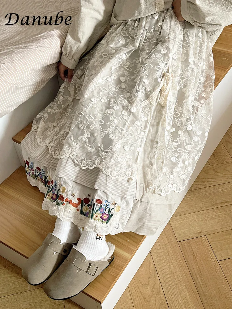 Vintage Embroidery Flower Cotton Linen Skirt Women Japanese Mori Lace Patchwork Elastic Waist Pleated Long Skirts Faldas Mujer