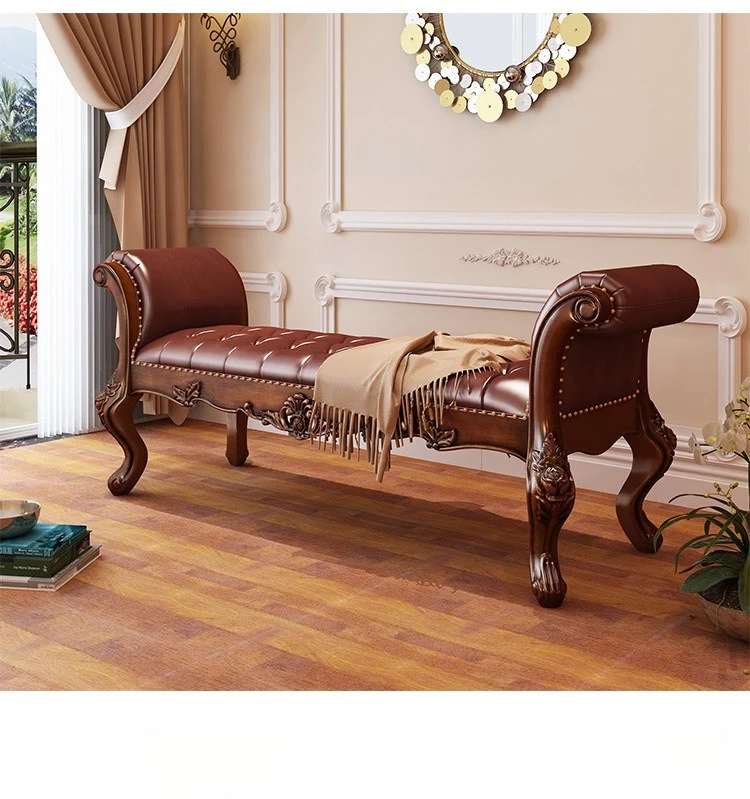 All solid wood bedside stool leather bench foyer shoe changing stool European bedroom bed with armrest