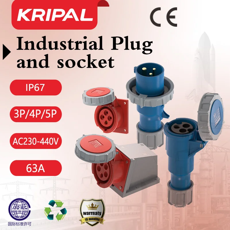 Kripal 63A Industrial Plug and Socket 3PIN 4PIN 5PIN IP44 IP67 Electrical Connection Panel Mounted Plug