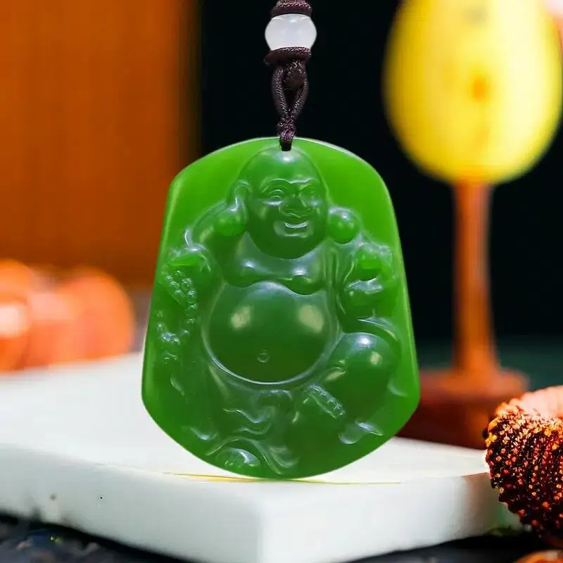 

Green Real Jade Maitreya Pendant Necklace Carved Jewelry Natural Jasper Chinese Designer Charm Accessories Gemstone Gift