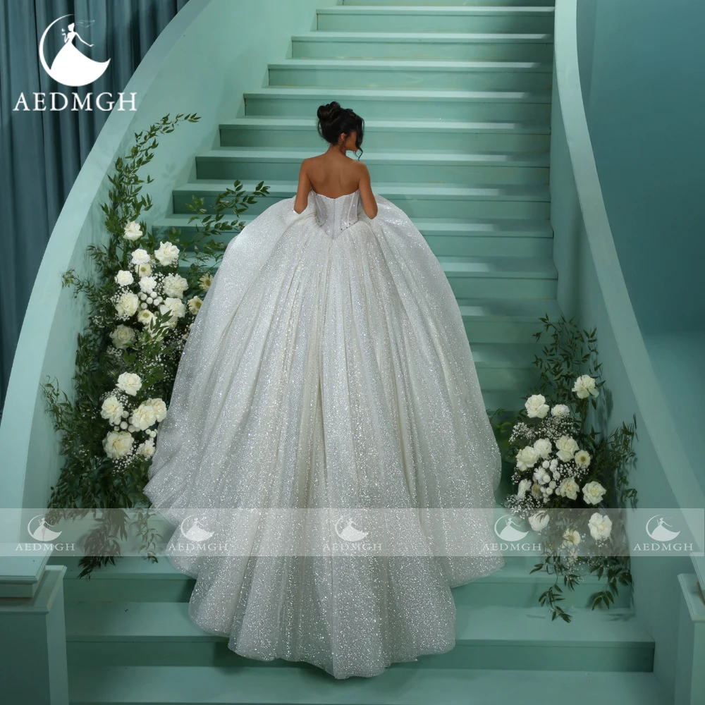 Aedmgh A-Line Stunning Wedding Dresses For Women Strapless Backless Vestido De Novia Lace Glitter Custom Made Bridal Gowns