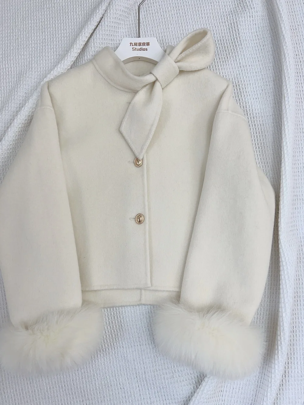 

2025 New Winter Luxury Womens Fox Fur Cuff Coat Cashmere Wool Blend Jacket Outwear Female Outerwear