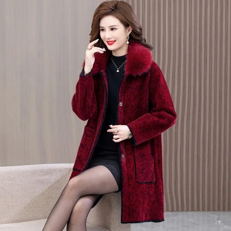 Winter New Middle-Aged Women Thicken Large Size Fox Fur Collar Faux Mink Outwear Women Mid-Length Temperament Casual Fur Coat