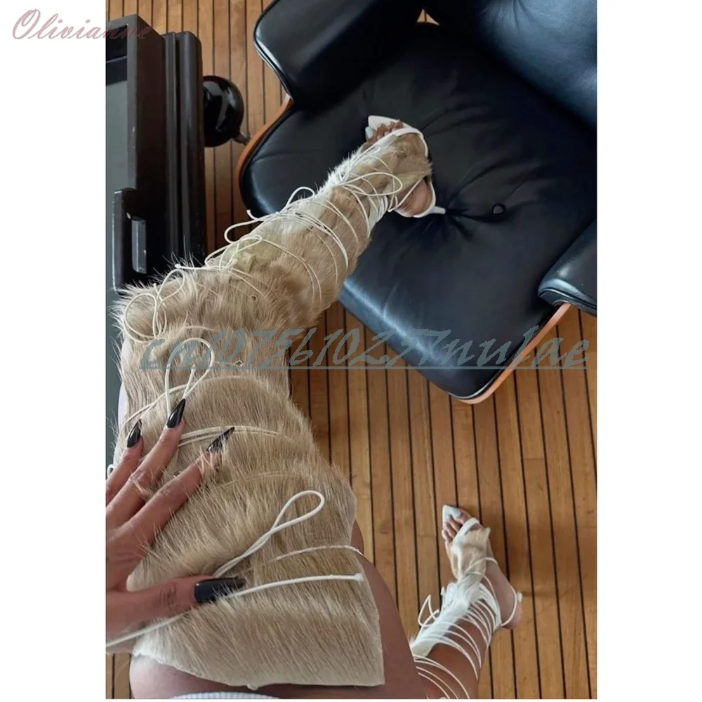 2025 nuove ragazze calde cinturino sandali cavi stivali open toe sexy decorazione della pelliccia stiletto tacco alto moda partito scarpe da donna para mujere