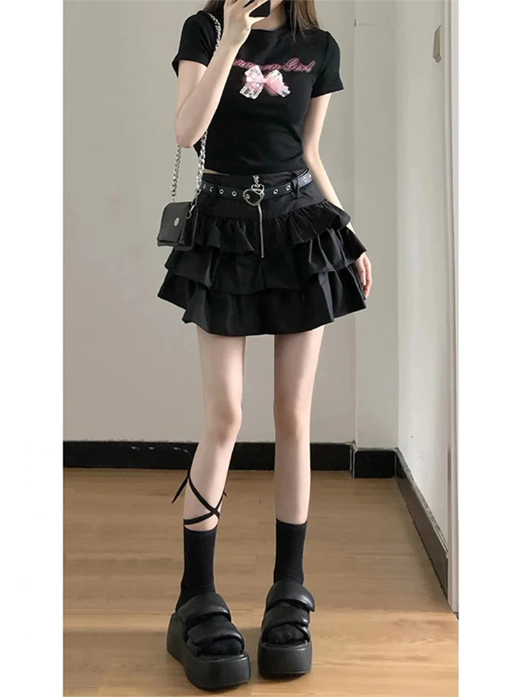 

2024 Women's Punk Style Multi-Layered Black Cake Skirt Heart Shape Belted Skirt High Waist Short Skirts