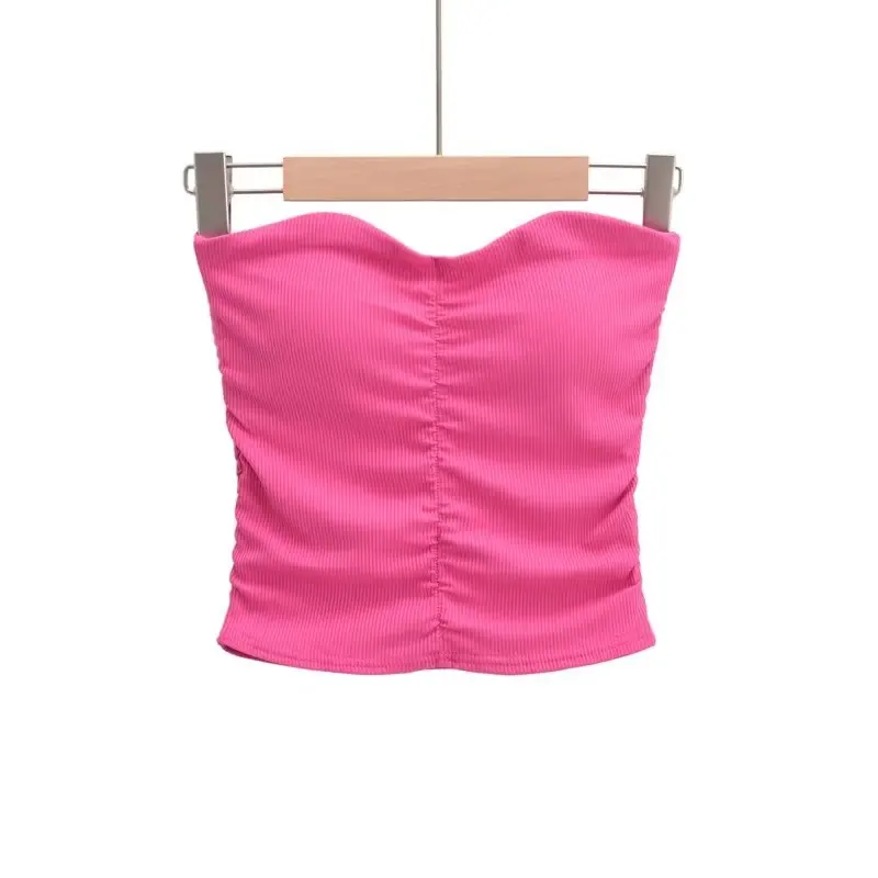 Sexy V-Neck Wrap Chest Bumplings Slimming Vest with Chest Pad Crinkled Top Street Style Short Length Slim Fit Belly Baring