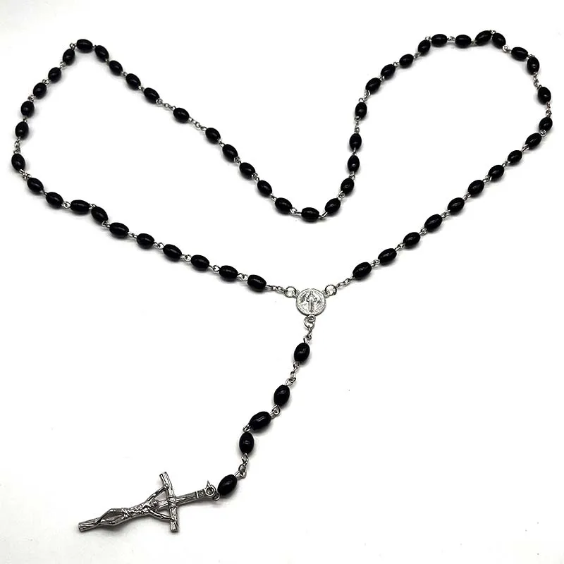 Religious  8*6  Oval  Glass  Pearl  Rosary  Beads  Curved  Needle  Cross  Necklace  Catholic And Can Be Given As Gift Can Prayer