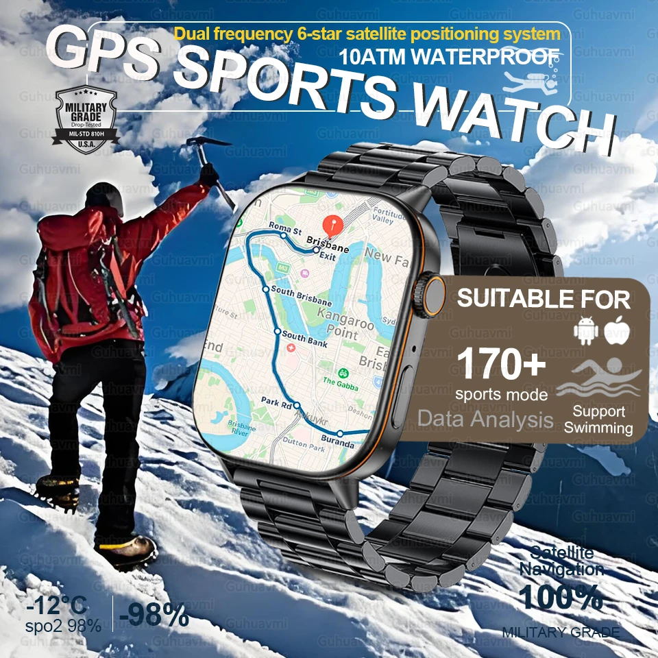 

2025 для Android IOS GPS Смарт-часы для мужчин 2,01-дюймовый HD-экран Сердечный ритм Bluetooth Вызов Компас IP68 Водонепроницаемые мужские умные часы для женщин